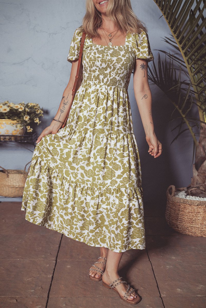 Yellow Boho Floral Square Neck Smocked Bust Puff Sleeve Dress - Love Salve